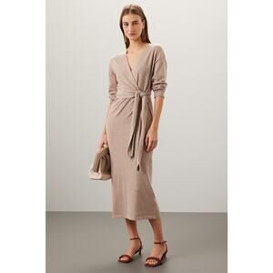 Modern Citizen Lenese Beige Knit Tie Waist Long Sleeve Wrap Midi Dress Size S